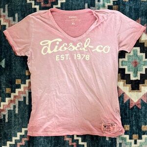 Diesel Pink V-Neck Tee with White Logo